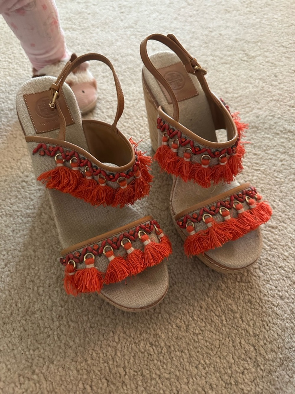 Tory Burch Beige Espadrille Wedge Sandals with Orange Tassel Trim